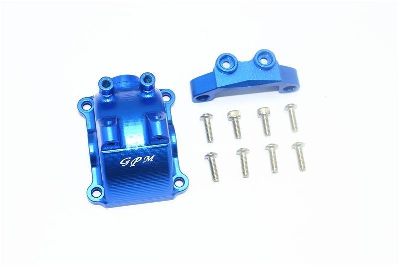 GPM Alum. Getriebeabdeckung & Querlenkerbefestigung ob. v/h blau Tamiya TT02