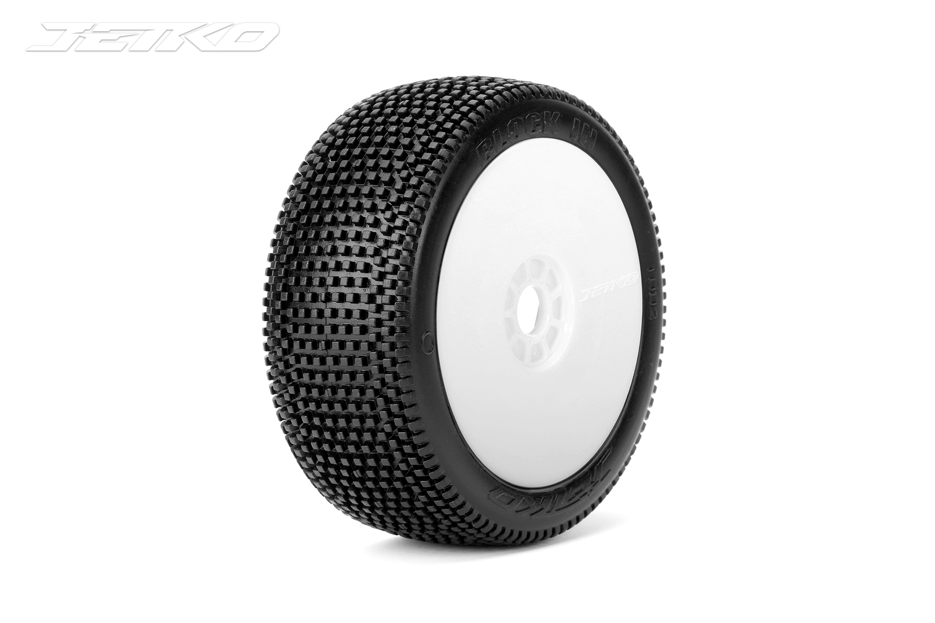 Jetko Block In Super Soft verklebt auf Felge Revo weiß 1:8 (2) JK1002SSRW