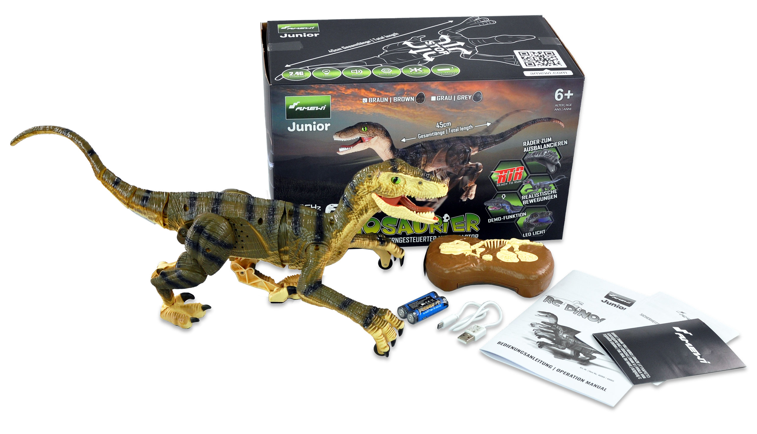 Amewi Velociraptor RC Dinosaurier 45cm, RTR braun 40008
