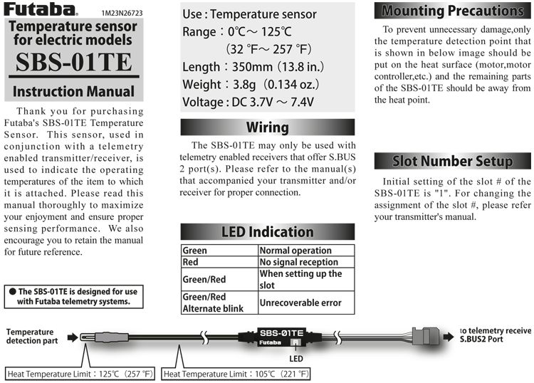 Futaba SBS-01TE Temperature Telemetry Sensor electric motor S.BUS2 FPSBS01TE