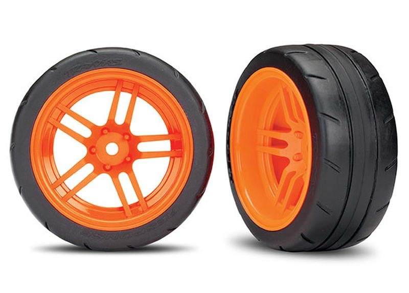 Traxxas Reifen auf Felgen verklebt Split-Spoke Felge orange hinten B 8374A