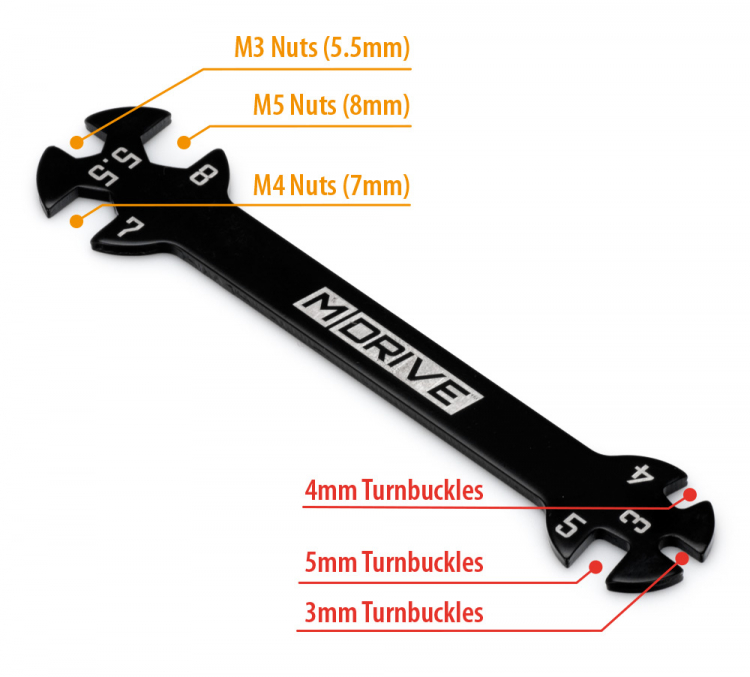 M-DRIVE Universal Tool - Maulschlüssel 5.5/7/8mm - R/L Gewindestangen 3/4/5mm MD50300