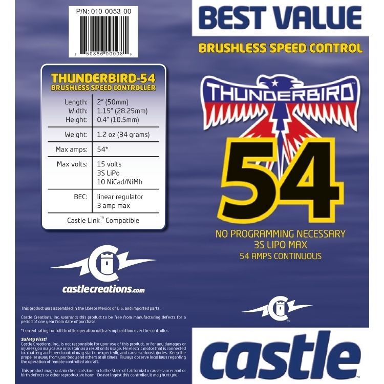 Castle Thunderbird 54A, 15V BEC SPORT AIR BL ESC* 010-0053-00