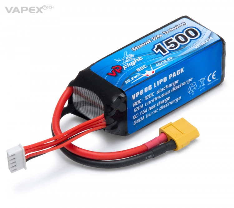 Vapex LiPo Akku 4S 14,8V 1500mAh 80C XT60-Stecker VP98294
