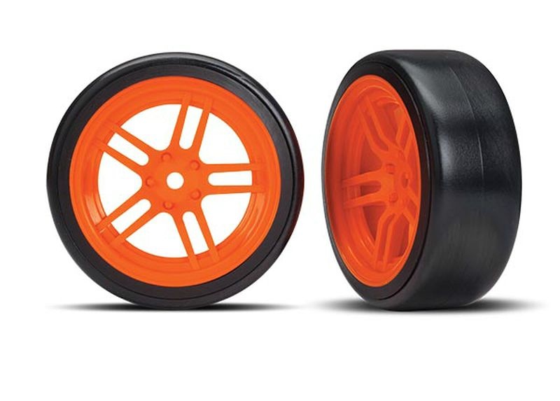 Traxxas Reifen auf Felgen verklebt Split-Spoke Felge orange vorn 8376A