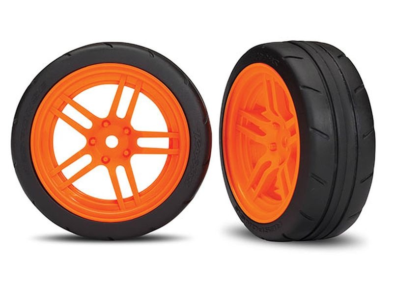 Traxxas Reifen auf Felgen verklebt Split-Spoke Felge orange vorn (2) 8373A