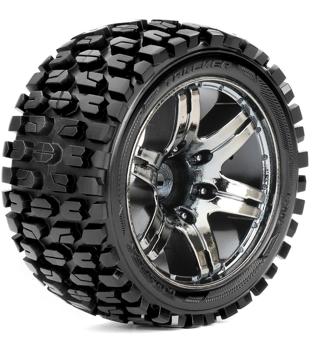 Roapex Stadium Truck 1:10 Reifen TRACKER auf Chrome Black Felgen 12mm (2) 2002CB2