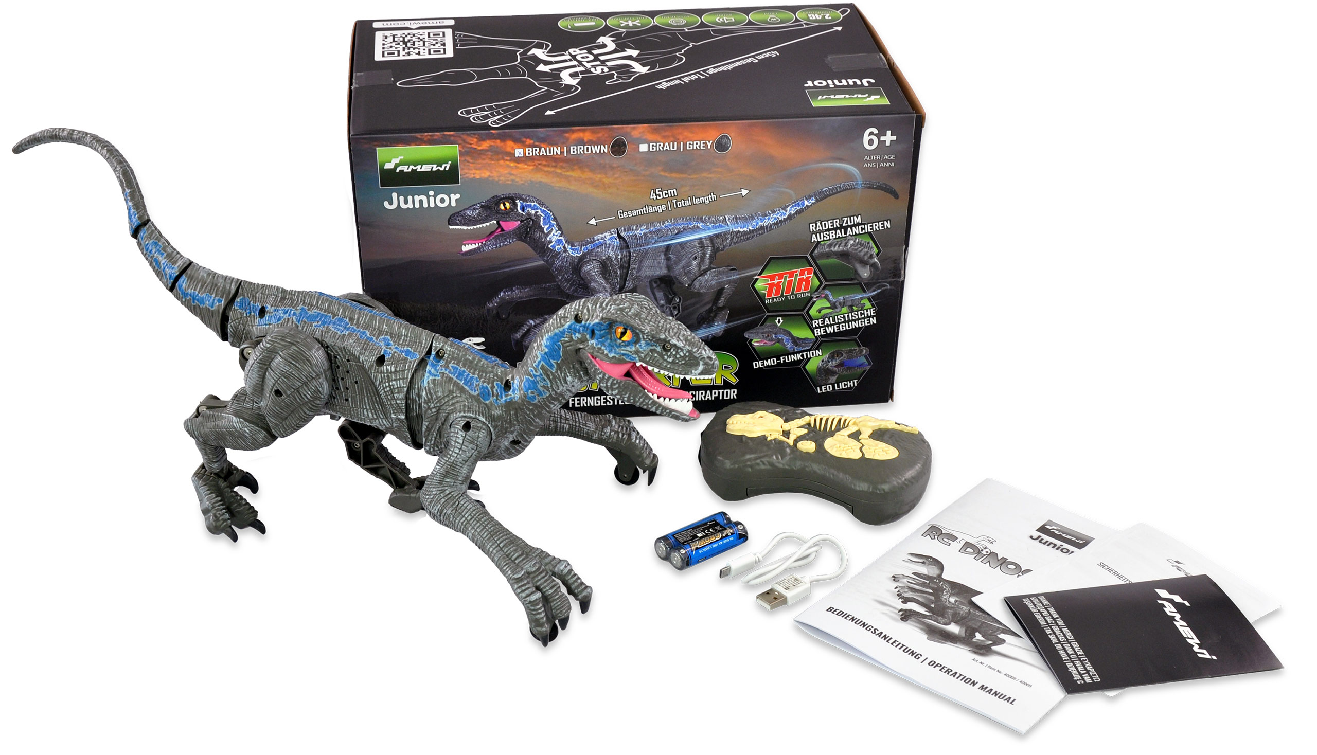 Amewi Velociraptor RC Dinosaurier 45cm, RTR grau 40009