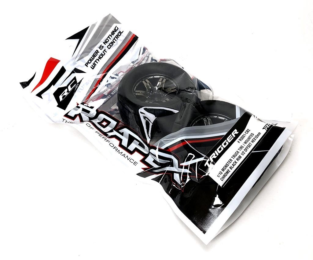 Roapex Monster Truck 1:10 Reifen TRIGGER auf Chrome Black Felgen 12mm (2) 3001CB2