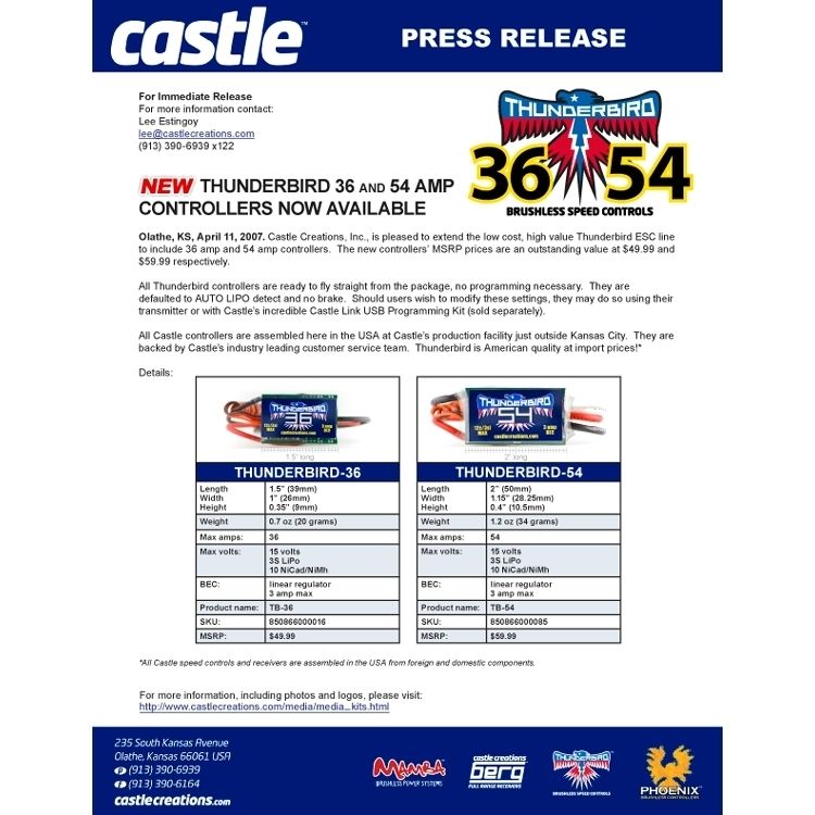 Castle Thunderbird 54A, 15V BEC SPORT AIR BL ESC* 010-0053-00