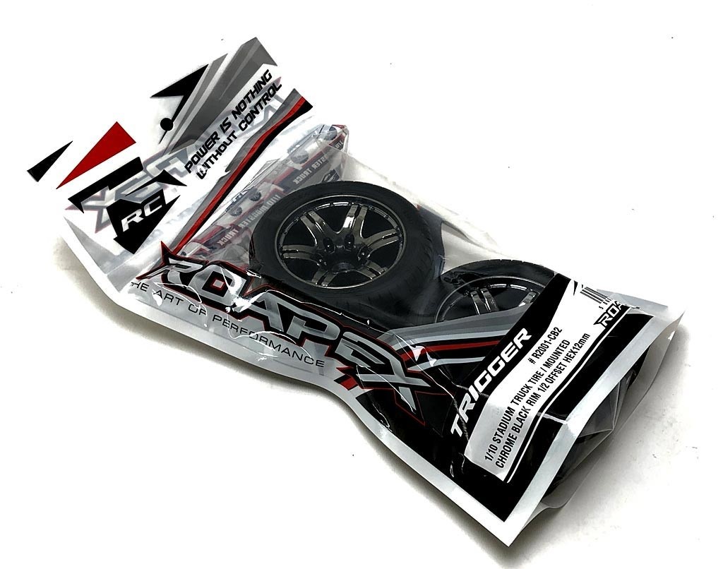 Roapex Stadium Truck 1:10 Reifen TRIGGER auf Chrome Black Felgen 12mm (2) 2001CB2