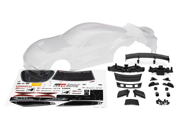 Traxxas Body, Toyota Supra GT4 (clear, trimmed, requires painting)/ decal sheet (includes side mirrors, wing, grilles, vents, hardware, & clipless mounting) 9340