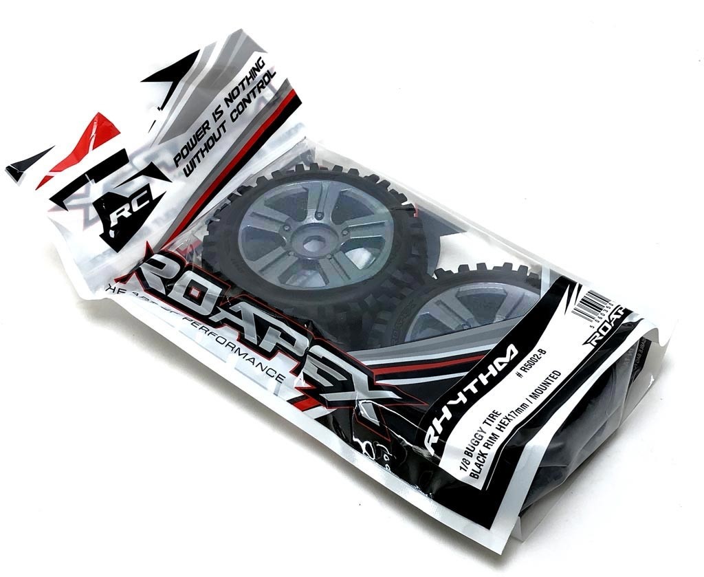 Roapex Buggy 1:8 Reifen RHYTHM auf Black Chrome Felgen 17mm (2) 5002CB