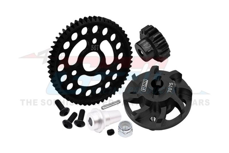 GPM Stahl Hauptzahnrad 56T, Ritzel 17T, Alu Adapter Set schwarz TRX Slash 4x4 LCG SLA5617TLGNBK