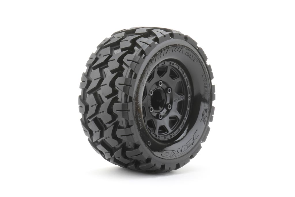 Jetko Extreme Tyre MT Tomahawk on TRX Rustler/Hoss Black Rims Belted JK2801CBTRX