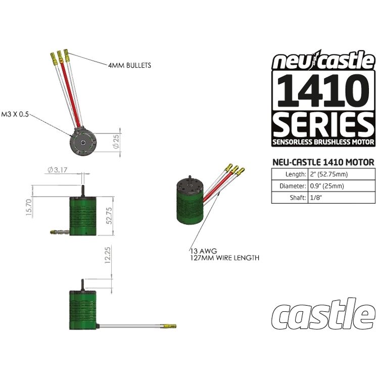 Castle Brushless Motor, Inrunner, 1410-3800KV * 060-0021-00