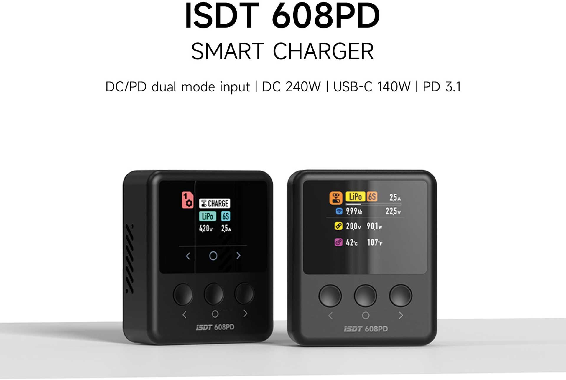 ISDT 608PD Smart Charger DC 240W/10A USB C 140W/5A 1-6S Lipo 608PD